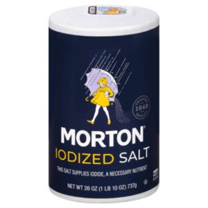 Front view of MORTON Iodized Salt - 26 oz, essential pantry staple for cooking and baking.