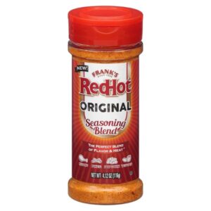 Frank's RedHot Original Seasoning Blend 4.12 oz bottle on kitchen counter.