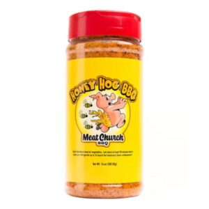 Meat Church Honey Hog BBQ Rub 14 oz jar.