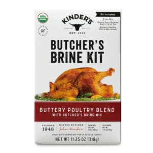 Kinder's Butcher's Brine Kit packaging front view, featuring Buttery Poultry Rub and Master Mix for turkey.