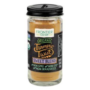 : Front of the glass bottle containing Frontier Co-op Organic Turmeric Twist Sweet Blend with a metal cap.
