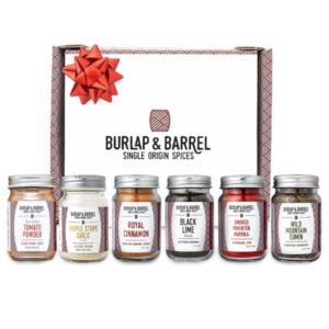 Burlap & Barrel 6-Pack Spice Gift Set with 6 full-size jars including cinnamon, garlic, and other premium spices.