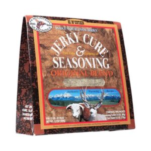 Front view of Hi Mountain Jerky Seasoning and Cure Kit – Original Blend, 1 box for homemade beef, deer, elk, and venison jerky.