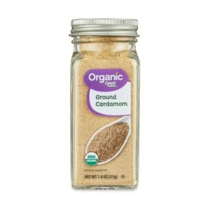 Front view of Great Value Organic Ground Cardamom packaging with clear label showing premium spice.