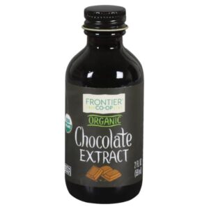 Frontier Co-op Organic Chocolate Extract bottle with a clean label, showcasing premium quality and organic ingredients.