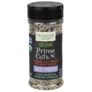 Organic Salt & Pepper Blend with cracked black pepper and sea salt in a recyclable jar.