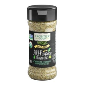 Frontier® Organic All-Purpose Seasoning in a 0.26lb recyclable jar, featuring a blend of organic onion, garlic, and herbs.