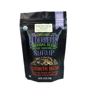 Frontier Co-op Organic Elderberry Syrup Strength Blend pouch showcasing organic ingredients.