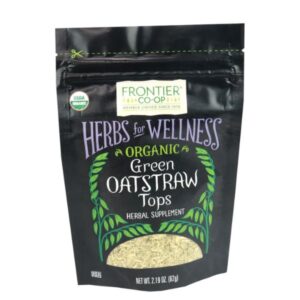 Frontier Co-op Organic Oatstraw in resealable recyclable bag with cut and sifted herb inside.