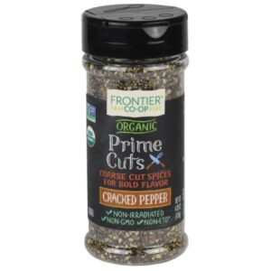 Organic Cracked Black Pepper in a recyclable jar with scoop cap, perfect for seasoning meat, seafood, and vegetables.