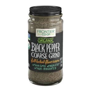 A bottle of Frontier® Organic Coarse Ground Black Pepper showcasing its woody, floral, and pungent flavor profile.