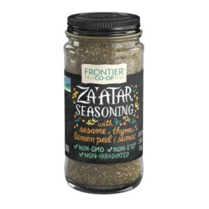 Jar of Frontier Organic Za'atar Seasoning on a kitchen counter.