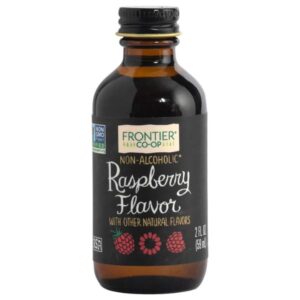 Front view of Raspberry Flavor Extract bottle, 0.4 lb, labeled as kosher, natural, and non-irradiated.
