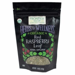 Frontier Co-op Organic Red Raspberry Leaf in resealable bag for tea and DIY wellness.