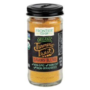 Glass bottle of Frontier Co-op® Organic Turmeric Spice Blend with a metal cap.
