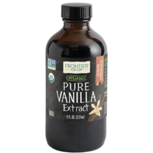 1lb glass bottle of Frontier Co-op® Pure Vanilla Extract, Organic, Sweet, and Floral, perfect for desserts, sauces, and smoothies.