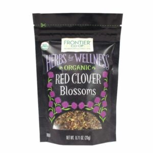 Frontier Co-op® Organic Red Clover Blossoms in resealable packaging, perfect for teas, salads, and more.
