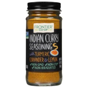 Frontier Co-op Indian Curry Seasoning Blend in a 0.43lb glass bottle with a metal cap, showcasing vibrant and aromatic spices.