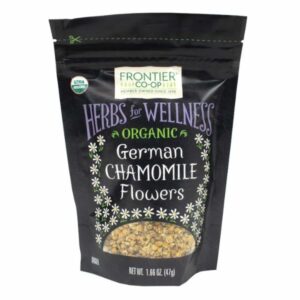 Frontier Co-op Organic German Chamomile Flowers in a resealable bag, perfect for herbal tea and DIY skincare