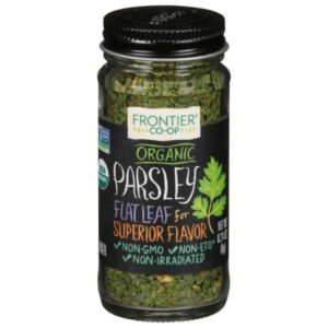 Frontier® Organic Parsley Flakes in a 0.32 lb package, perfect for soups, sauces, dressings, and potato dishes.