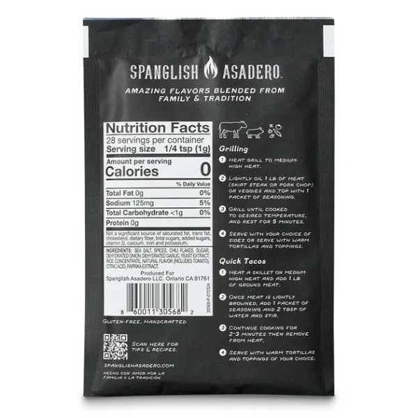 Back view of Spanglish Asadero Birria Seasoning 1 oz with ingredients and nutrition facts.