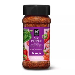 Front view of Member's Mark Six Pepper Seasoning 8.1 oz bottle showcasing bold spice blend for versatile cooking.