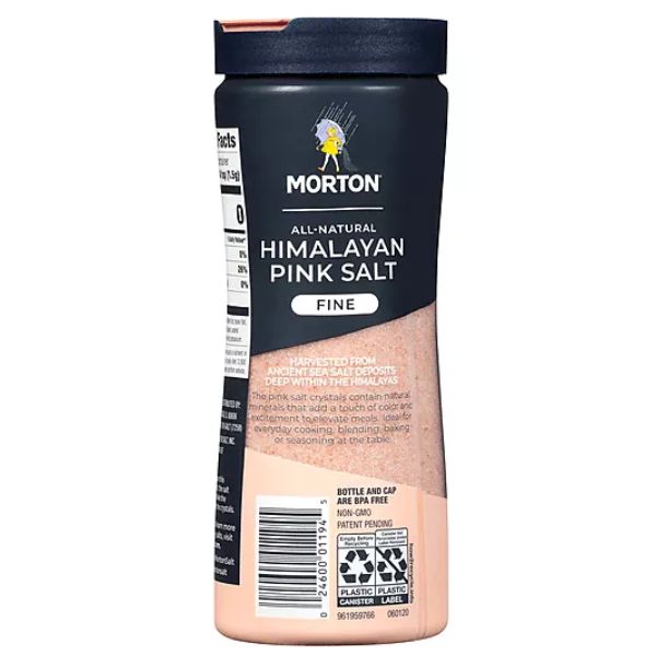 Back label of Morton Himalayan Pink Salt - Fine Grain, 17.6 oz.