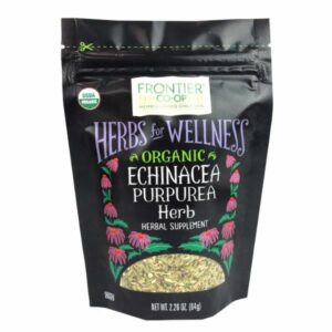 Front view of Frontier Co-op Organic Echinacea Purpurea Herb packaging, showcasing its 0.15 lb resealable bag.