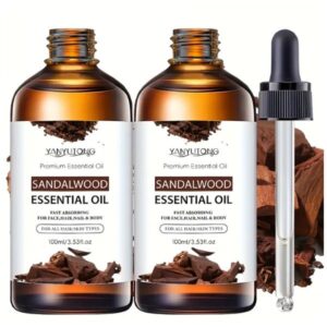 "Two bottles of Sandalwood Essential Oil 3.38oz each, alcohol-free, front view"