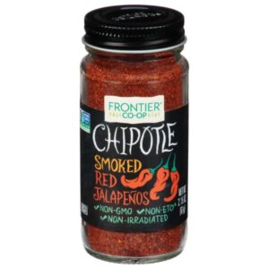 Frontier Co-op® Organic Ground Chipotle in a glass bottle with metal cap, perfect for bold Southwestern dishes.