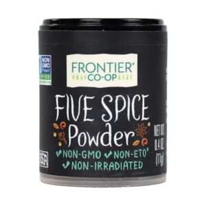 Front view of Frontier Co-op Five Spice Powder 1.4 oz packaging, featuring a Chinese-inspired blend of cinnamon, fennel, cloves, star anise, and white pepper.