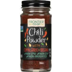 Frontier Co-op® Chili Powder Blend in a glass jar with metal cap, 0.42lb packaging.