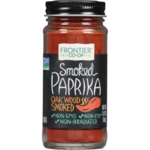 Frontier Co-op Smoked Paprika in a 0.43lb glass bottle with metal cap, showcasing rich red ground spice.