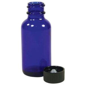 Set of 6 Cobalt Blue Boston Round Bottles with round shoulder design, ideal for liquids and solids.