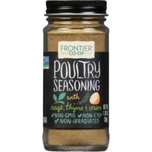 Traditional poultry seasoning blend with sage, thyme, and marjoram in a 0.4lb glass bottle.