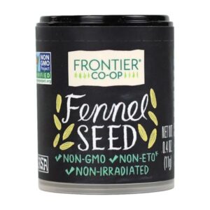 Whole Fennel Seeds packaging in a small clear glass jar with label, 0.04lb.
