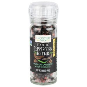 Frontier® Exotic Peppercorn Blend – Coarsely Ground in a glass bottle with grinder top.