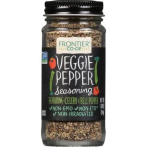 Kosher spicy seasoning blend with black pepper, onion, garlic, celery flakes, and red bell pepper in a spice jar