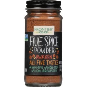 Frontier Co-op® Five Spice Powder in a glass bottle with a metal cap.