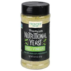 Frontier Co-op Zesty Dill & Vinegar Nutritional Yeast Blend 0.67lb jar with scoop cap.