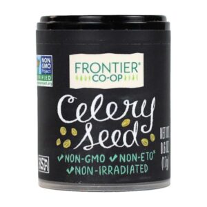 Organic whole celery seeds in a jar, front view, showcasing premium quality and organic certification