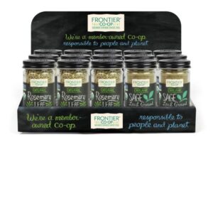 Frontier Co-op Organic Sage and Rosemary Countertop Display featuring 9 bottles of organic sage and 6 bottles of organic rosemary, Kosher certified."