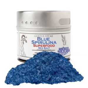 Blue Spirulina Superfood Sea Salt jar with natural, vegan, and gluten-free ingredients.