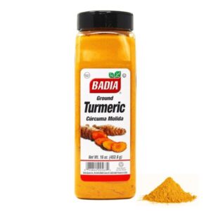 Badia Ground Turmeric Powder – Premium Curcuma Seasoning, 16 oz, with rich golden color and aromatic flavor for cooking.