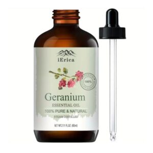 Geranium Essential Oil in a 2.11fl.oz bottle on a natural backdrop.