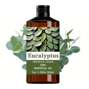 Bottle of Eucalyptus Essential Oil on a serene natural backdrop.