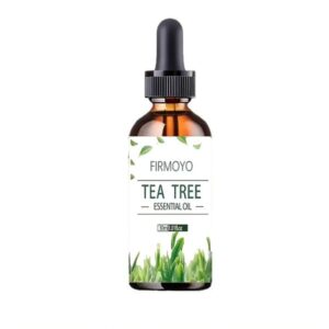 FIRMOYO Tea Tree Essential Oil bottle with hydrating and moisturizing properties for face, hair, eyelashes, and nails.