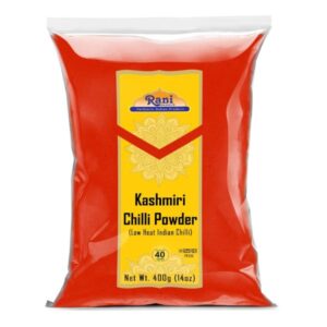 Rani Kashmiri Chilli Powder (Deggi Mirch) in 14oz (400g) packaging – mild heat Indian spice.