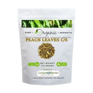 Organic dried peach leaves cut and sifted in resealable bag
