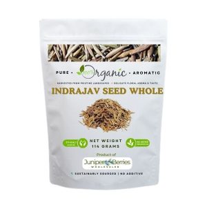 Organic whole Indrajav seeds in glass jar with scoop